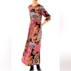 Vilagallo Pink Paisley Long Sleeve Midi Dress with wrap detail with pockets